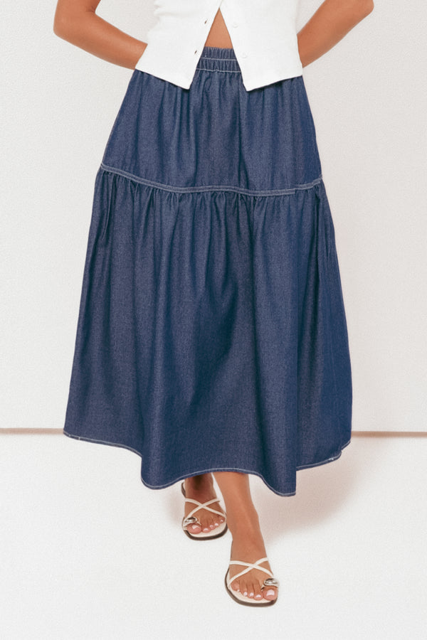 Petal and Pup USA BOTTOMS Meadow Midi Denim Skirt - Dark Wash