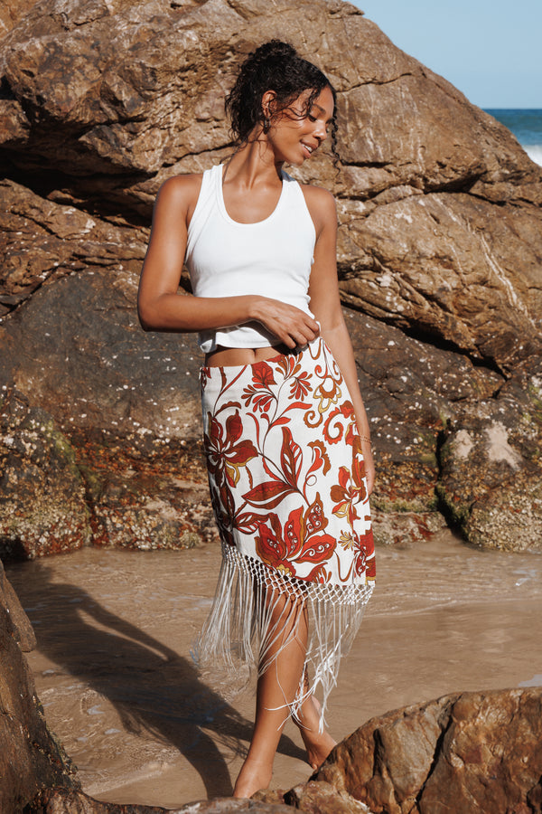 Petal and Pup USA BOTTOMS Shelby Midi Fringe Skirt - Brown Floral