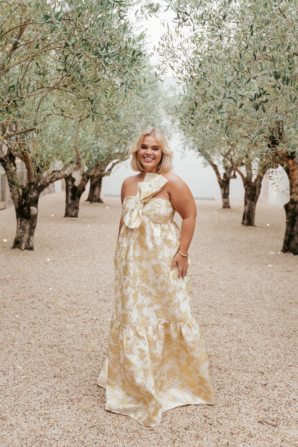 Petal and Pup USA DRESSES Betina Bow Front Maxi Dress - Yellow Brocade