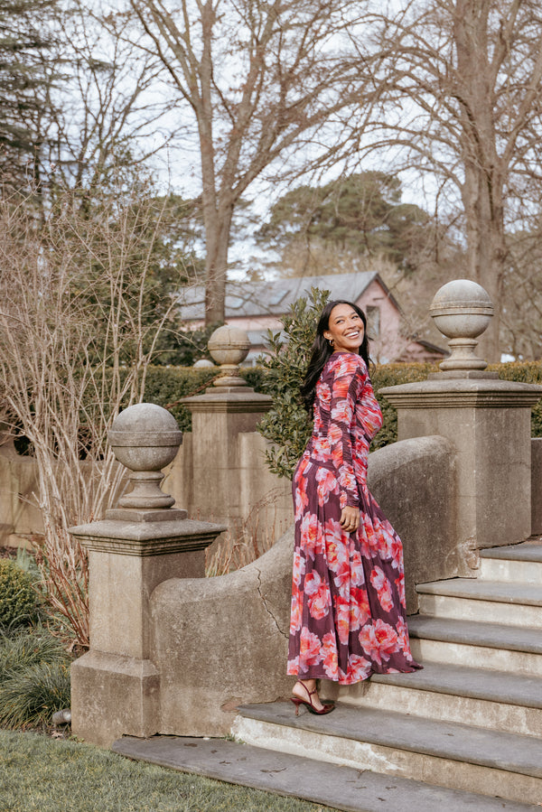 Petal and Pup USA DRESSES Calypso Long Sleeve Maxi Dress - Burgundy Peony