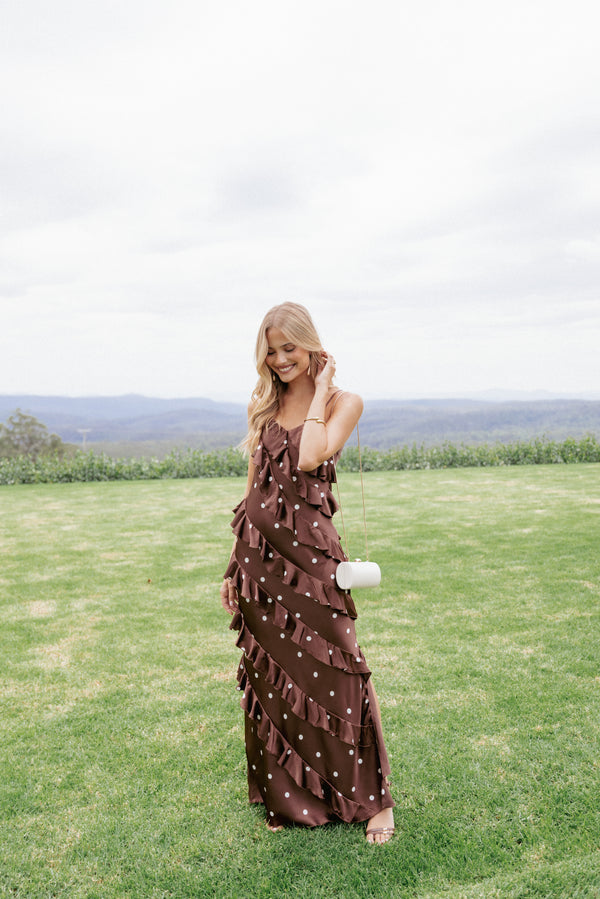 Petal and Pup USA DRESSES Ciao Ruffles Maxi Satin Dress - Brown Polka Dot