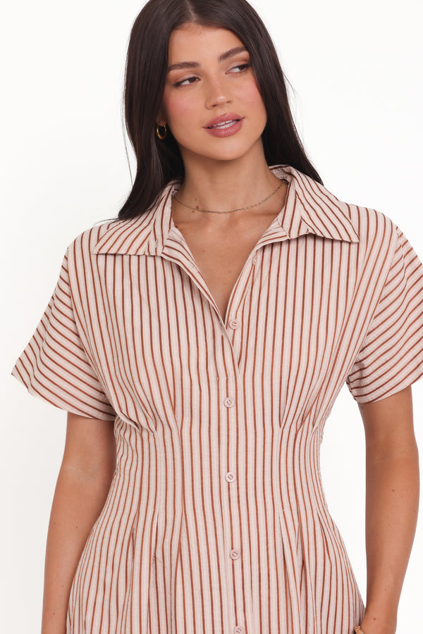 Petal and Pup USA DRESSES Eilis Short Sleeve Button Down Maxi Dress - Brown Stripe