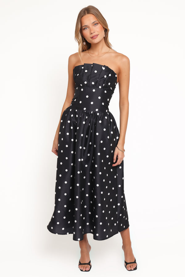Petal and Pup USA DRESSES Kimbra Strapless Midi Dress - Black Polka Dot