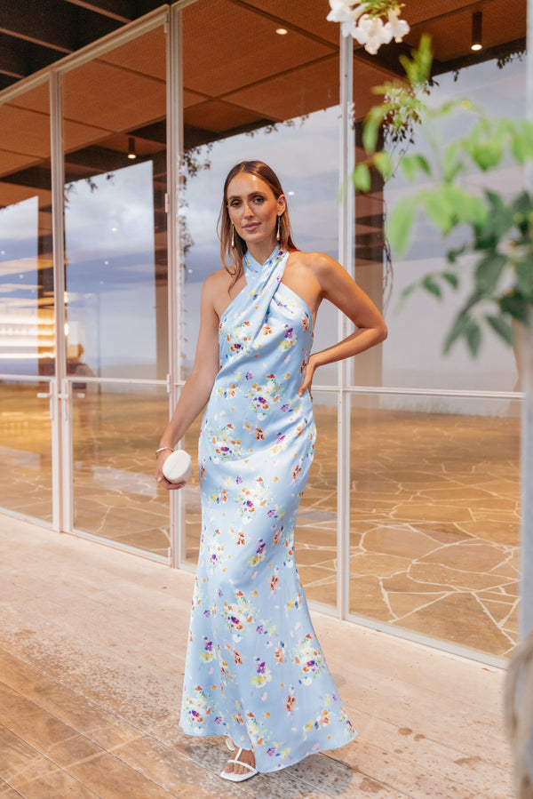 Petal and Pup USA DRESSES Mila Halterneck Maxi Dress - Cornflower Blue Floral