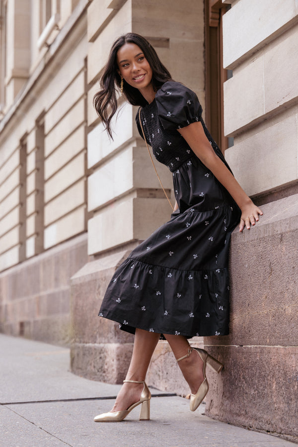 Petal and Pup USA DRESSES Naura Shirred Tiered Midi Dress - Black Bow
