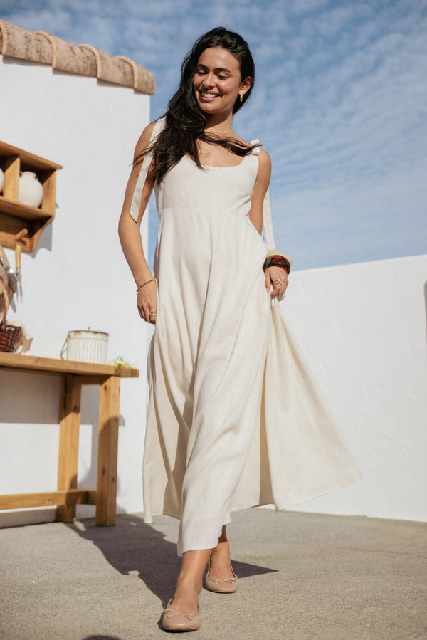 Petal and Pup USA DRESSES Valara Tie Shoulder Maxi Dress - Oatmeal