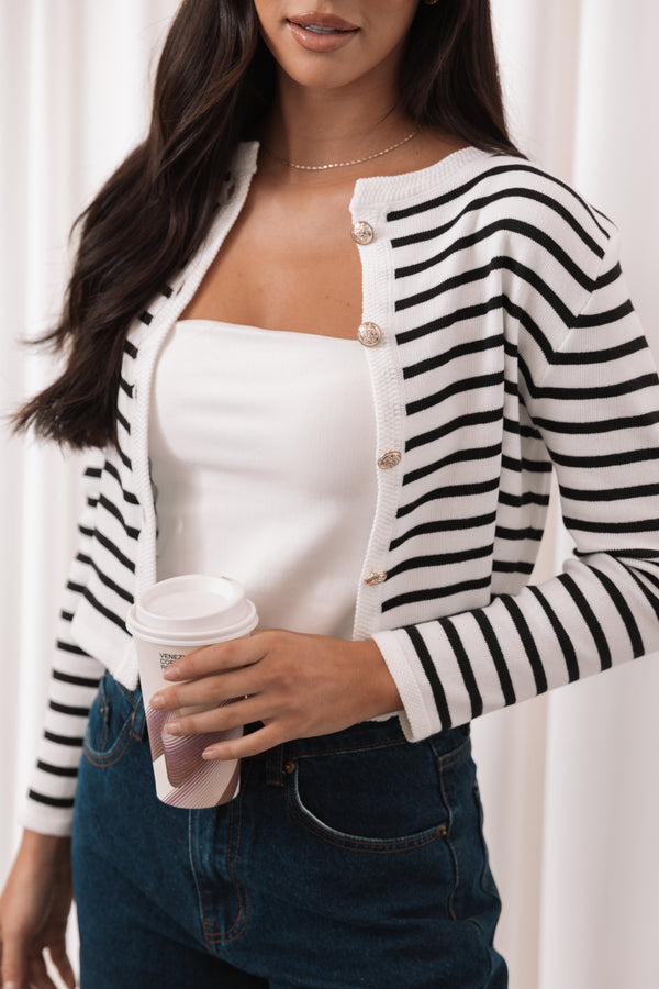 Petal and Pup USA KNITWEAR Cynthia Striped Button Front Cardigan - Black/Cream