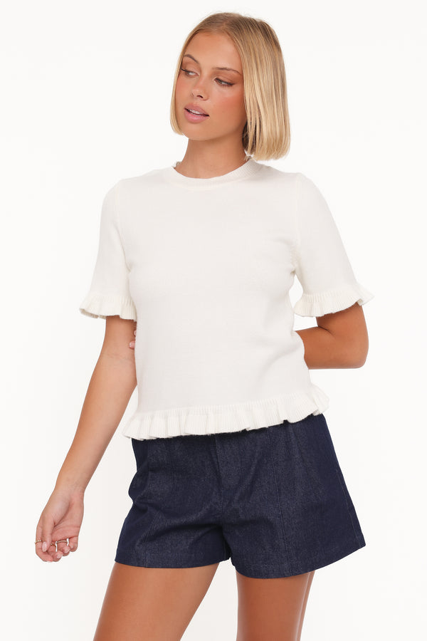 Petal and Pup USA KNITWEAR Emilie Short Sleeve Ruffle Crew Sweater - Cream