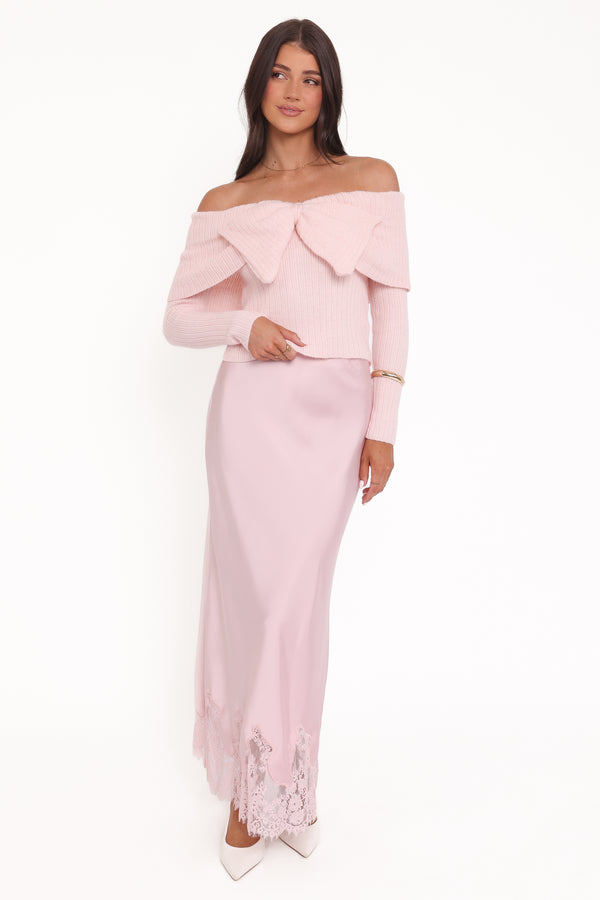 Petal and Pup USA KNITWEAR Helene Bow Off Shoulder Knit Sweater - Pink