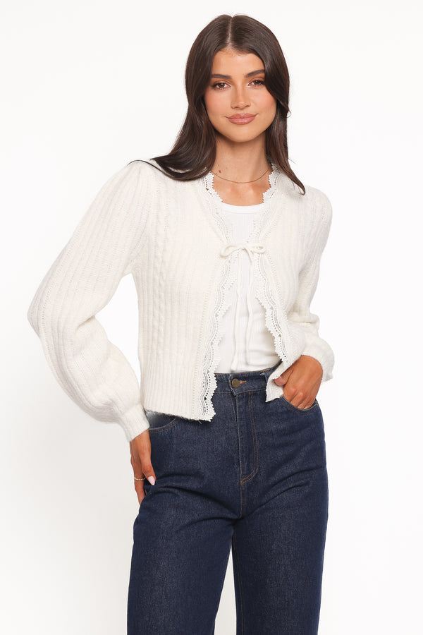 Petal and Pup USA KNITWEAR Silvie Lace Front Tie Cardigan - Cream